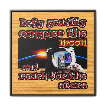 defy conquer reach - framed canvas art (butterscotch wood finish)
