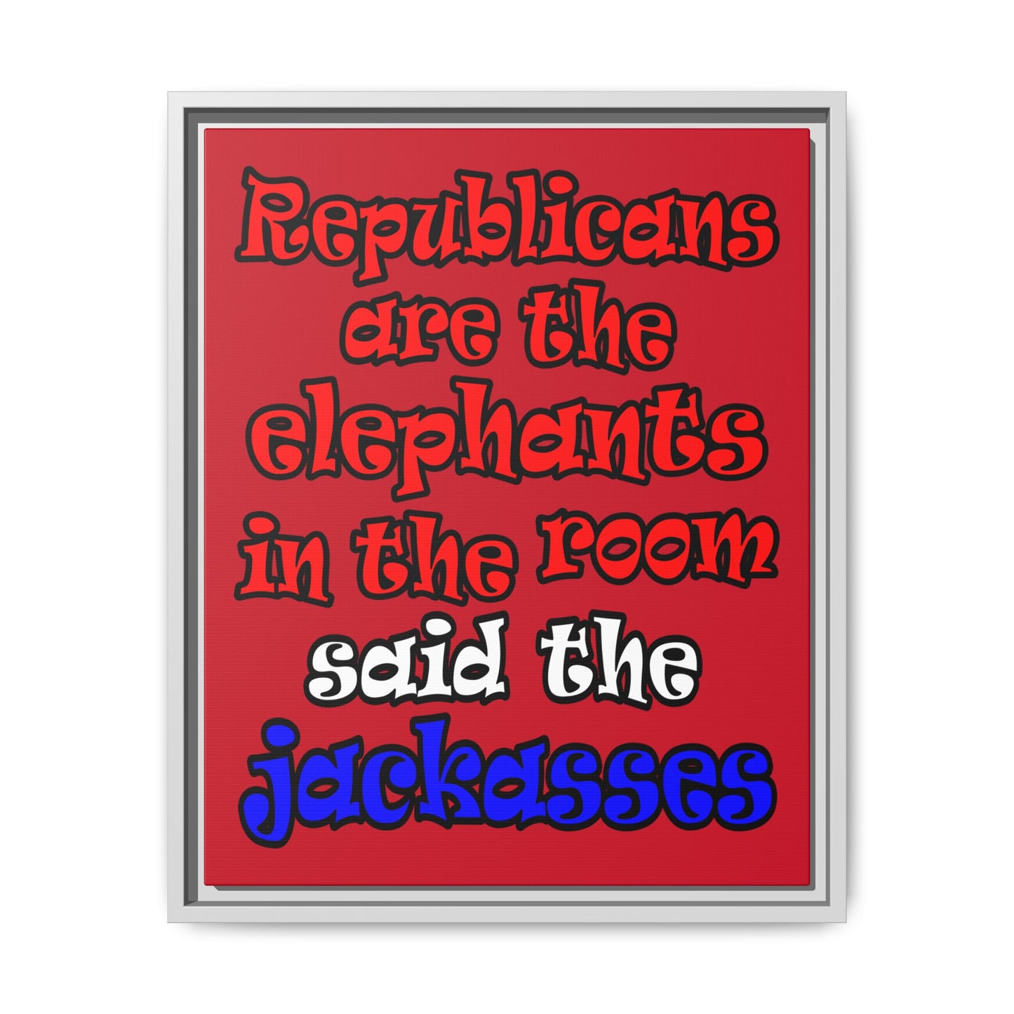 donkeys and elephants - framed canvas art (dark red)