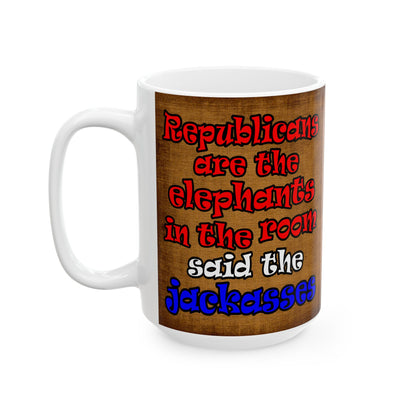 donkeys and elephants - White Mug (brown papyrus)