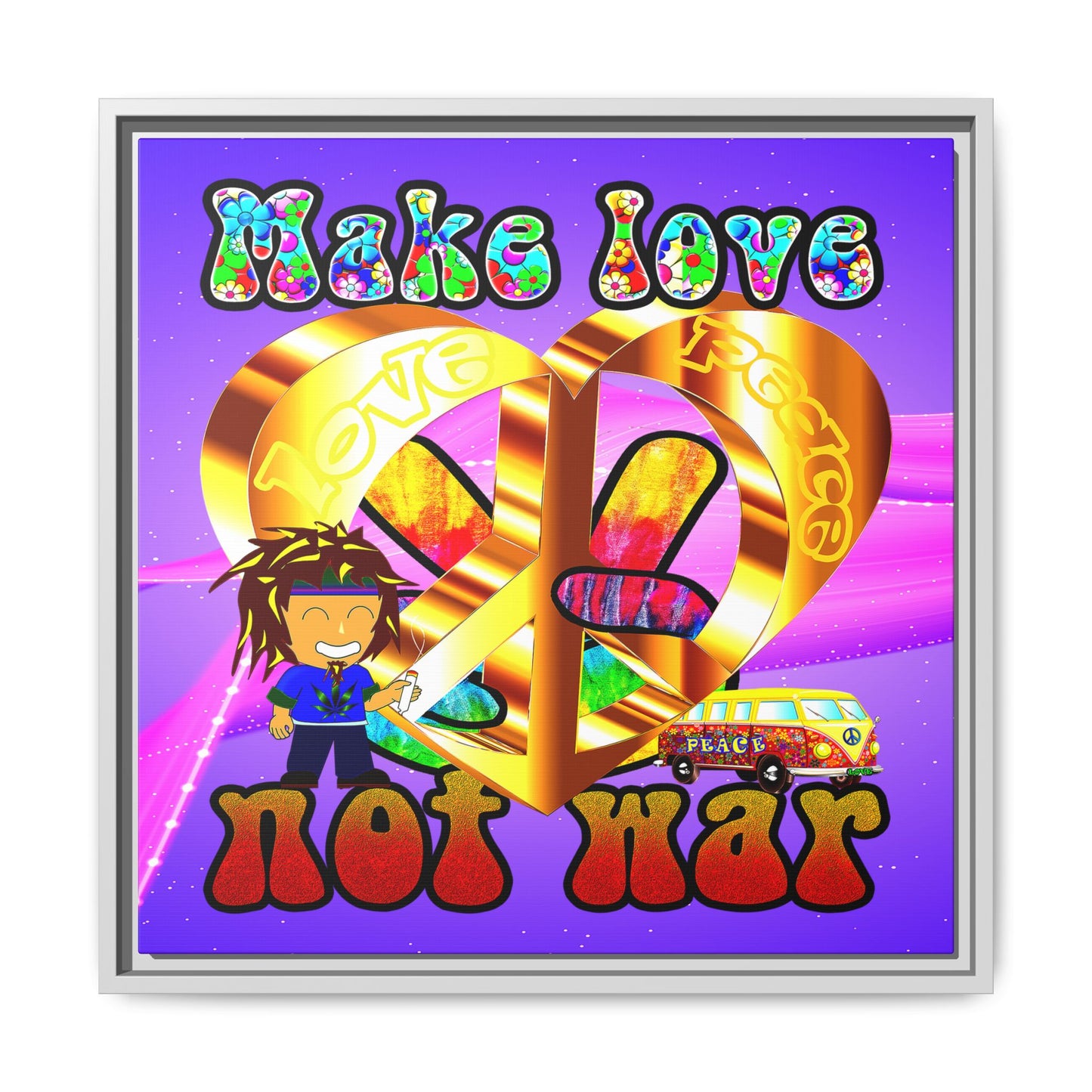 love peace - framed canvas art (purple-pink wave)
