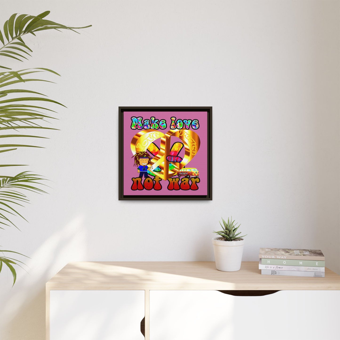 love peace - framed canvas art (light pink)