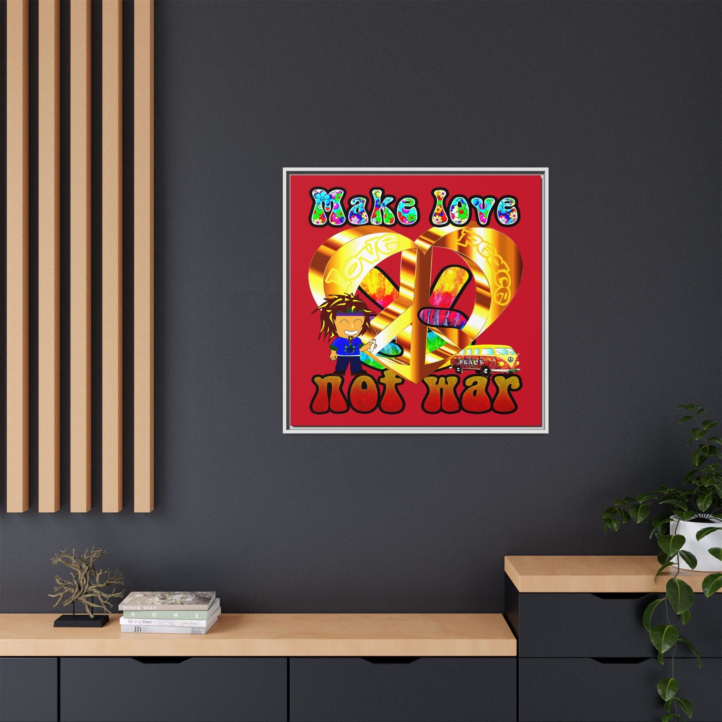 love peace - framed canvas art (dark red)