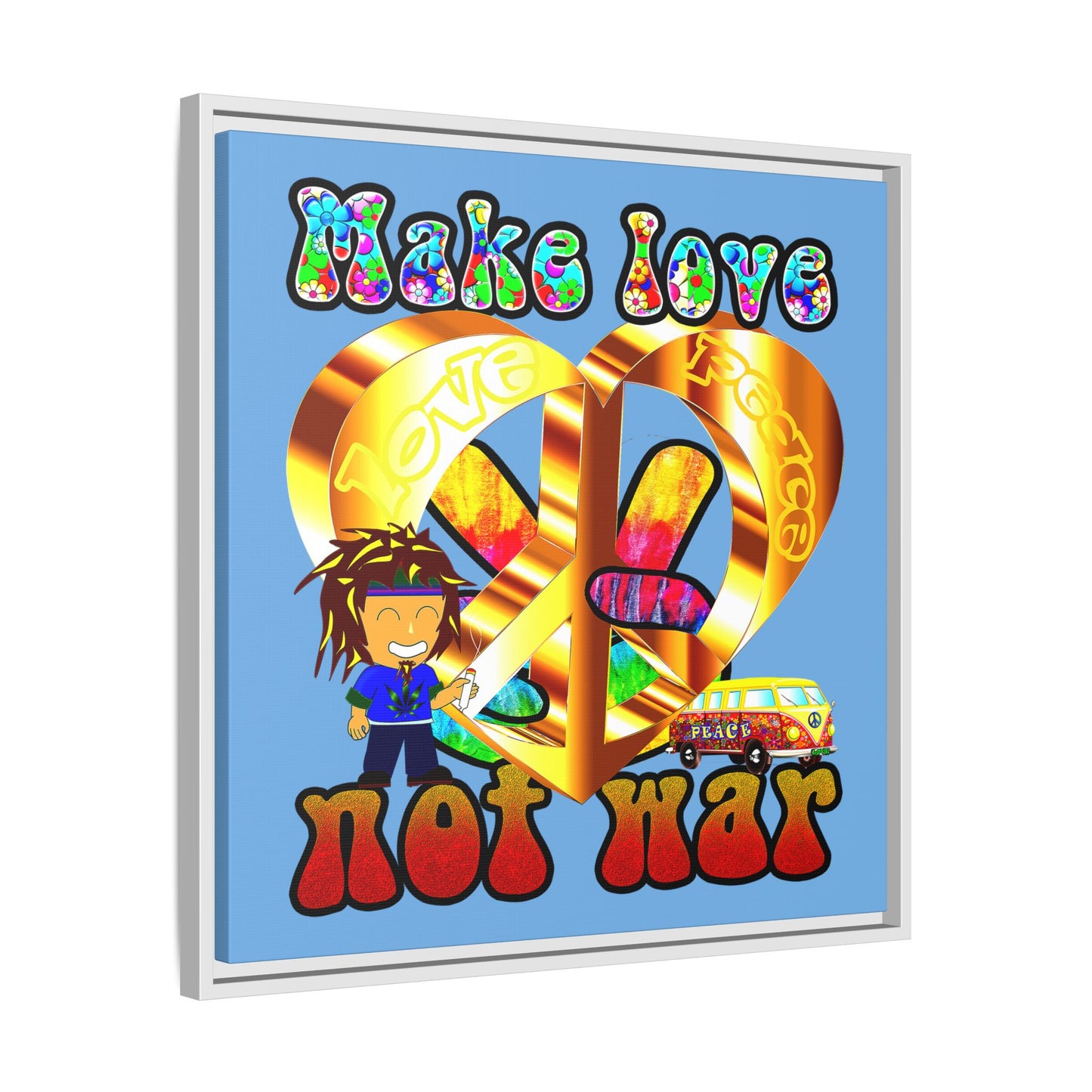 love peace - framed canvas art (light blue)
