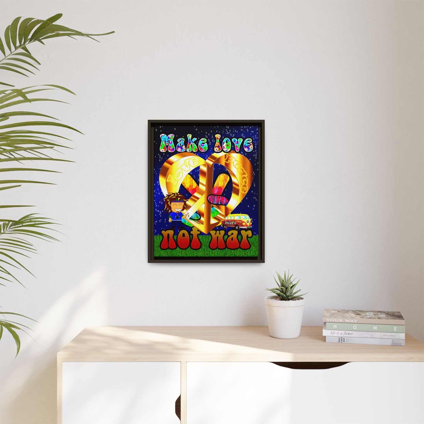 love peace - framed canvas art ('snoops' background)