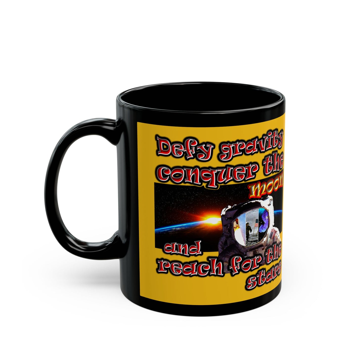defy conquer reach - Black Mug (yellow)