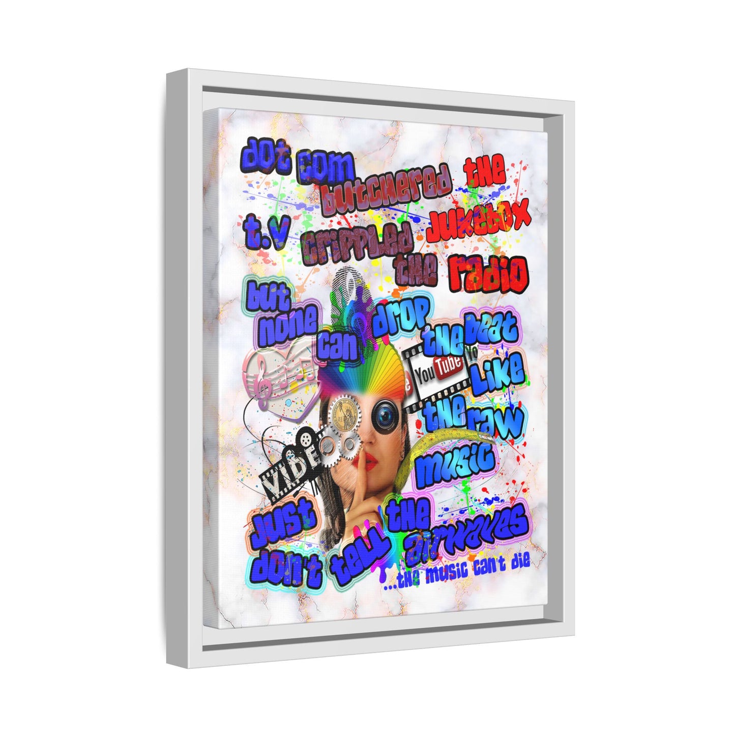 drop the beat - framed canvas art (white marble)