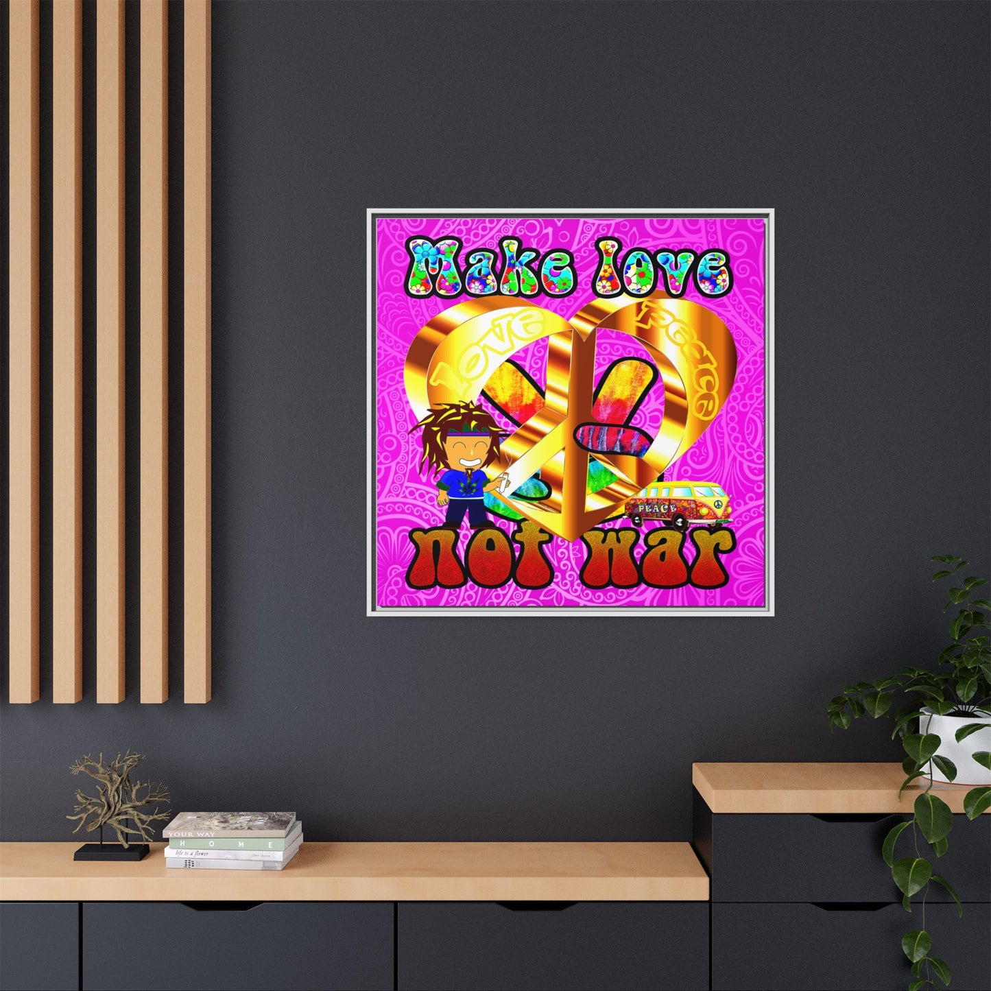 love peace - framed canvas art (pink swirl)