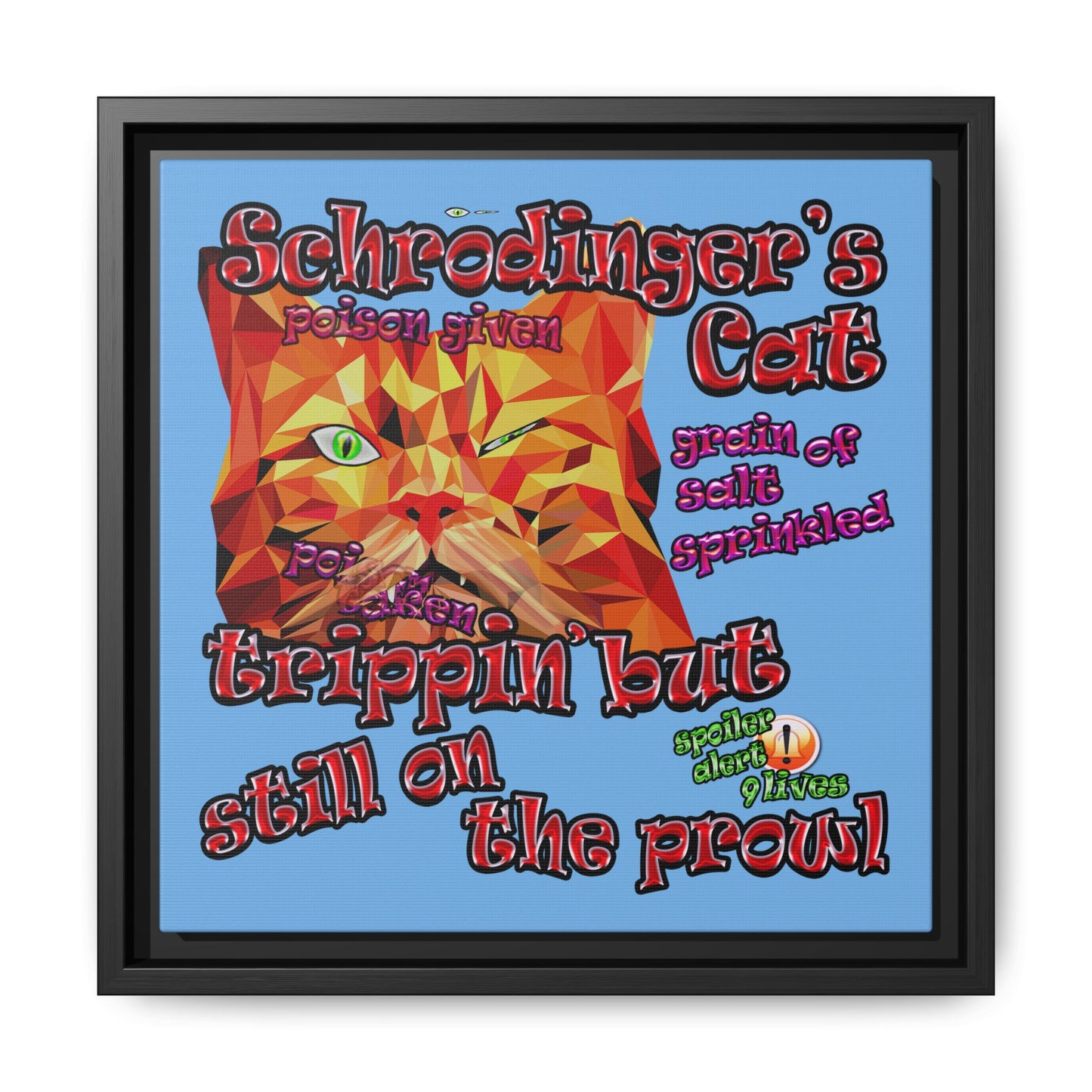 schrodinger's cat - framed canvas art (light blue)