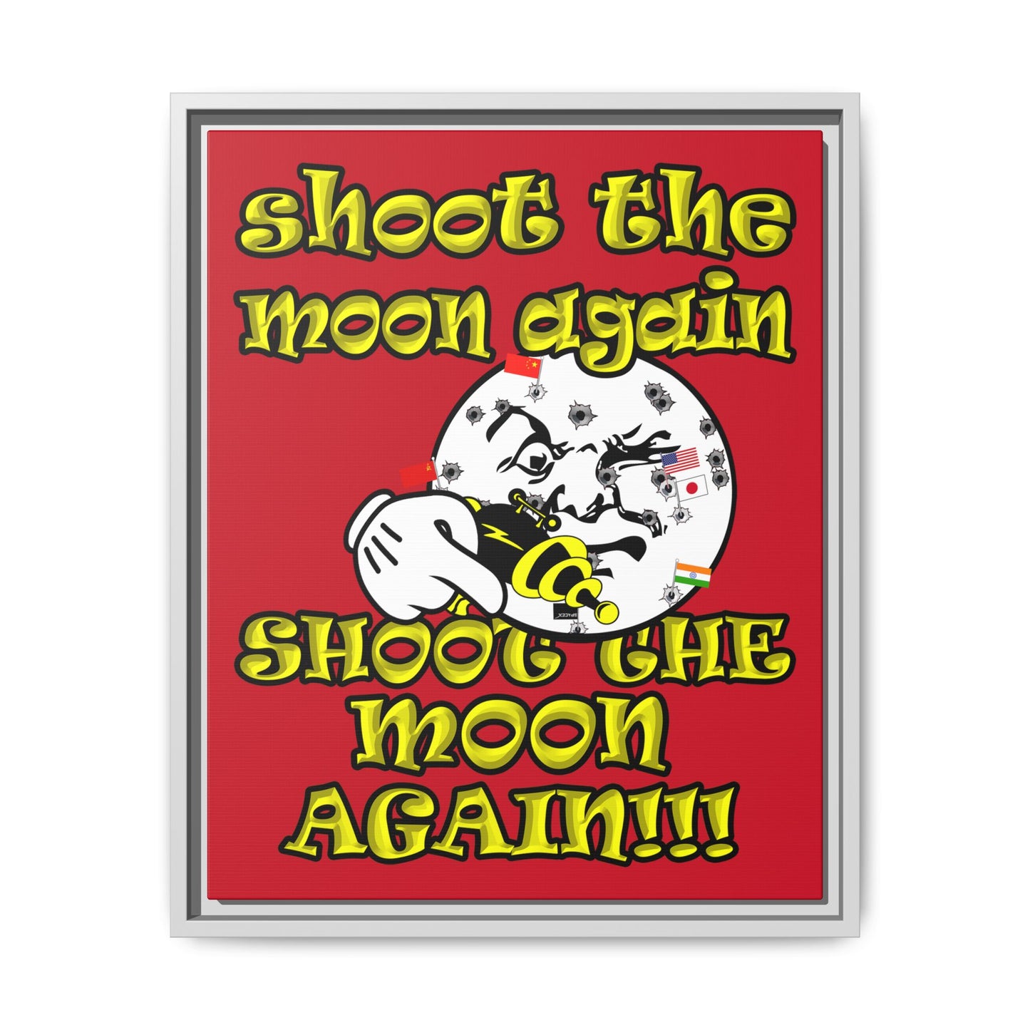 shoot the moon again - framed canvas art (dark red)