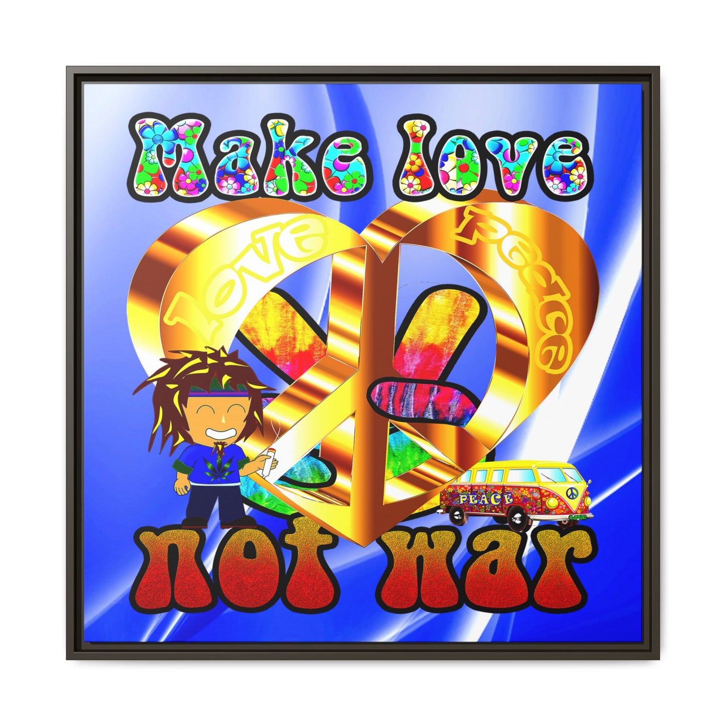 love peace - framed canvas art (blue-white wave)