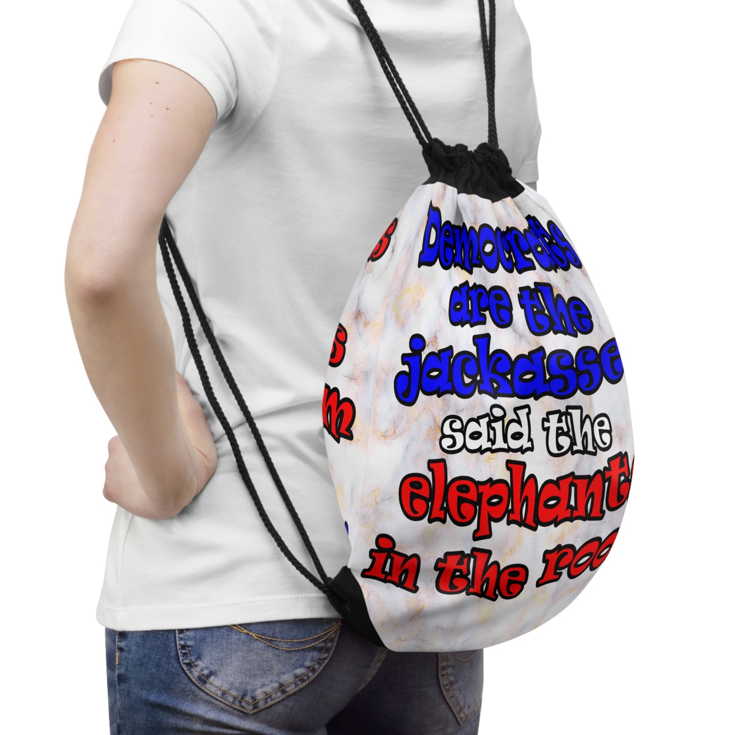 donkeys and elephants - Drawstring Bag (white marble)