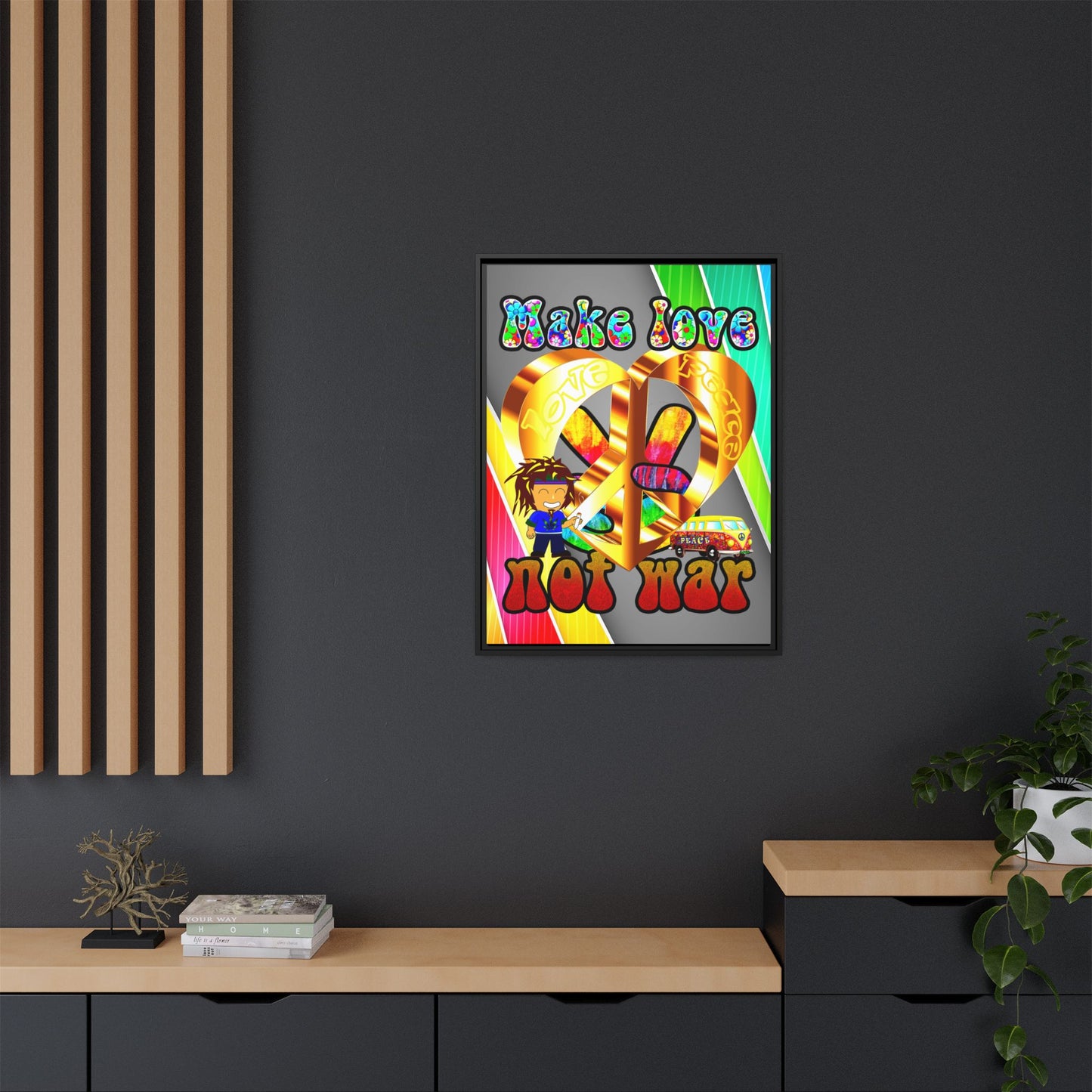 love peace - framed canvas art (rainbow split)