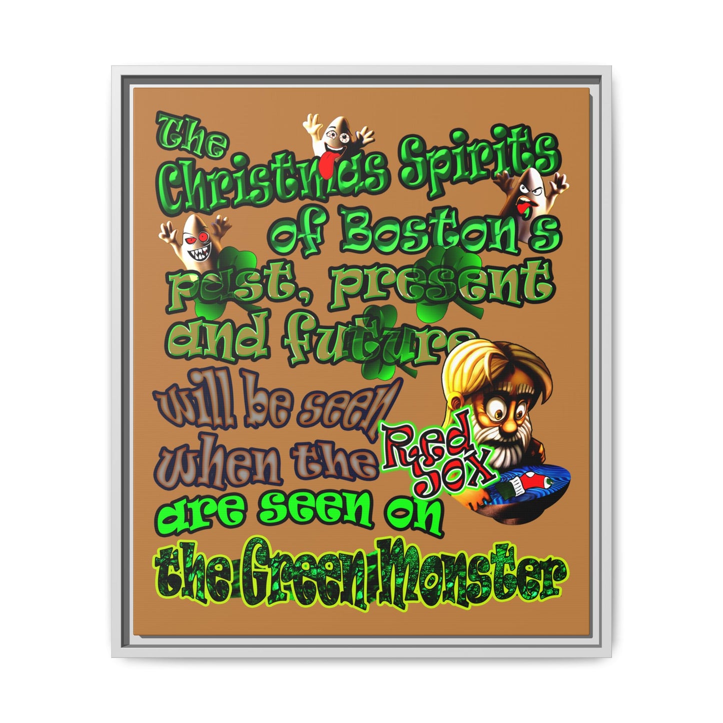 christmas spirits of boston - framed canvas art (light brown)