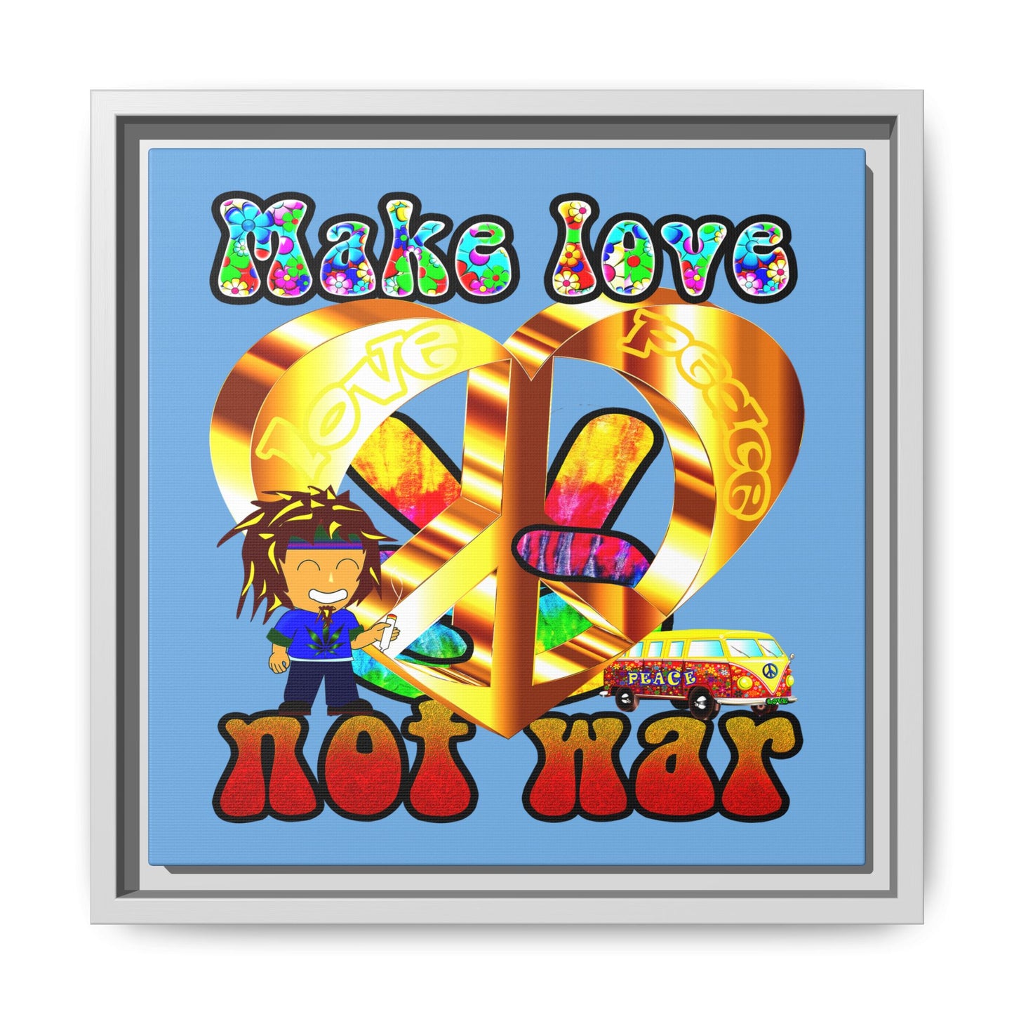 love peace - framed canvas art (light blue)