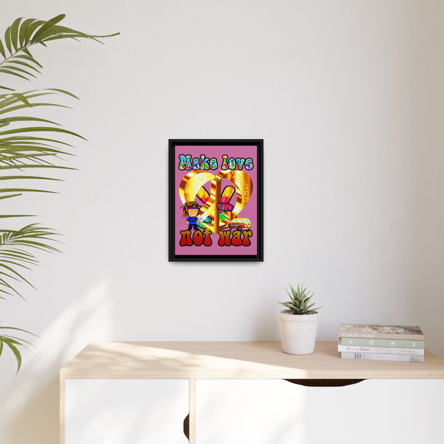 love peace - framed canvas art (light pink)
