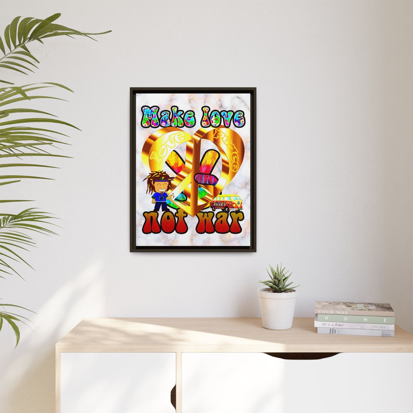 love peace - framed canvas art (white marble)