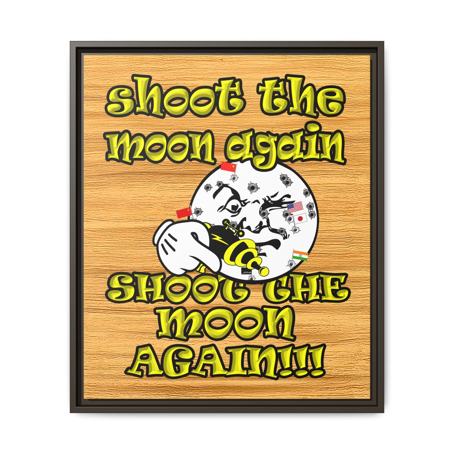 shoot the moon again - framed canvas art (butterscotch wood finish)