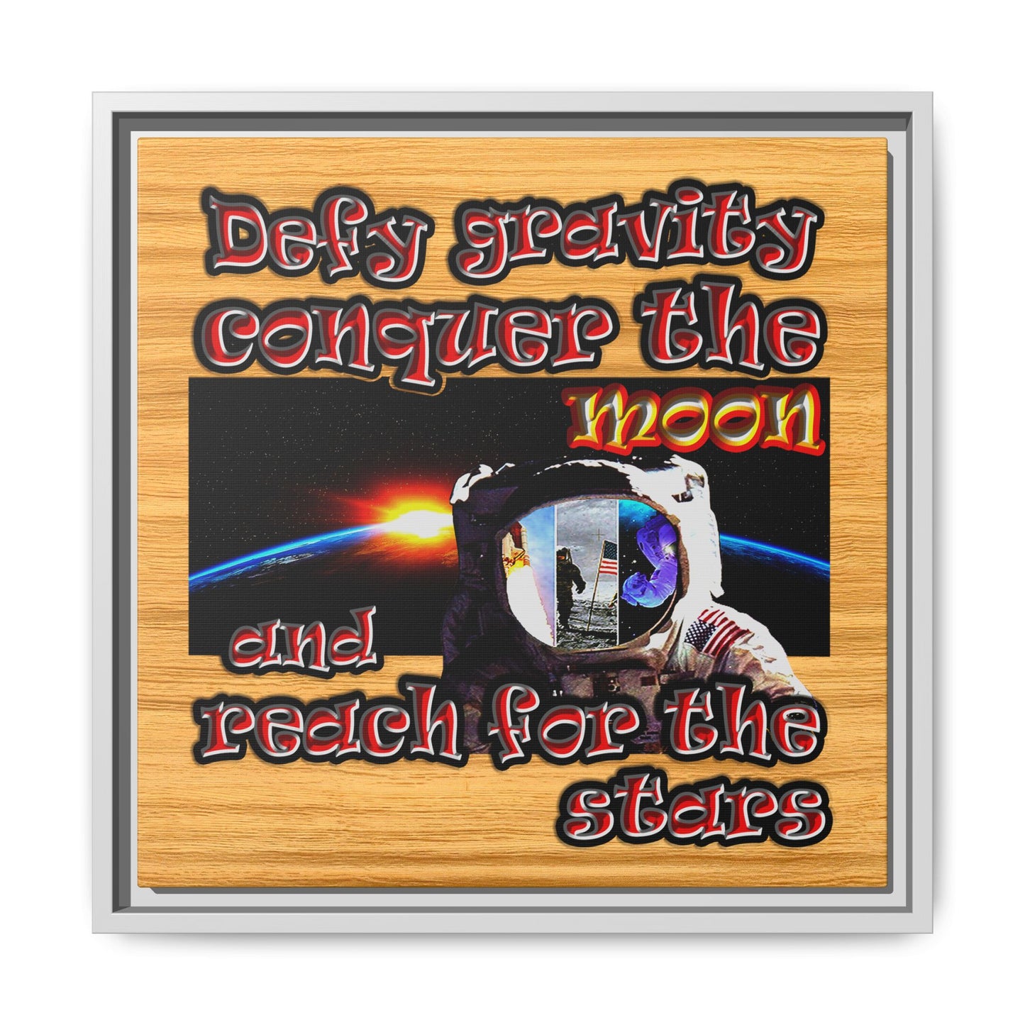 defy conquer reach - framed canvas art (butterscotch wood finish)