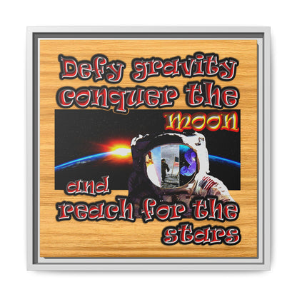 defy conquer reach - framed canvas art (butterscotch wood finish)