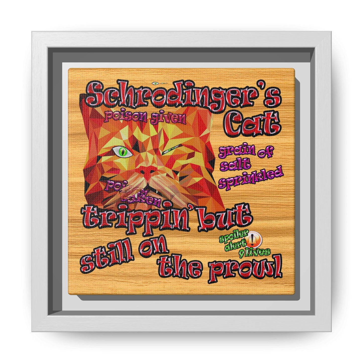 schrodinger's cat - framed canvas art (butterscotch wood finish)