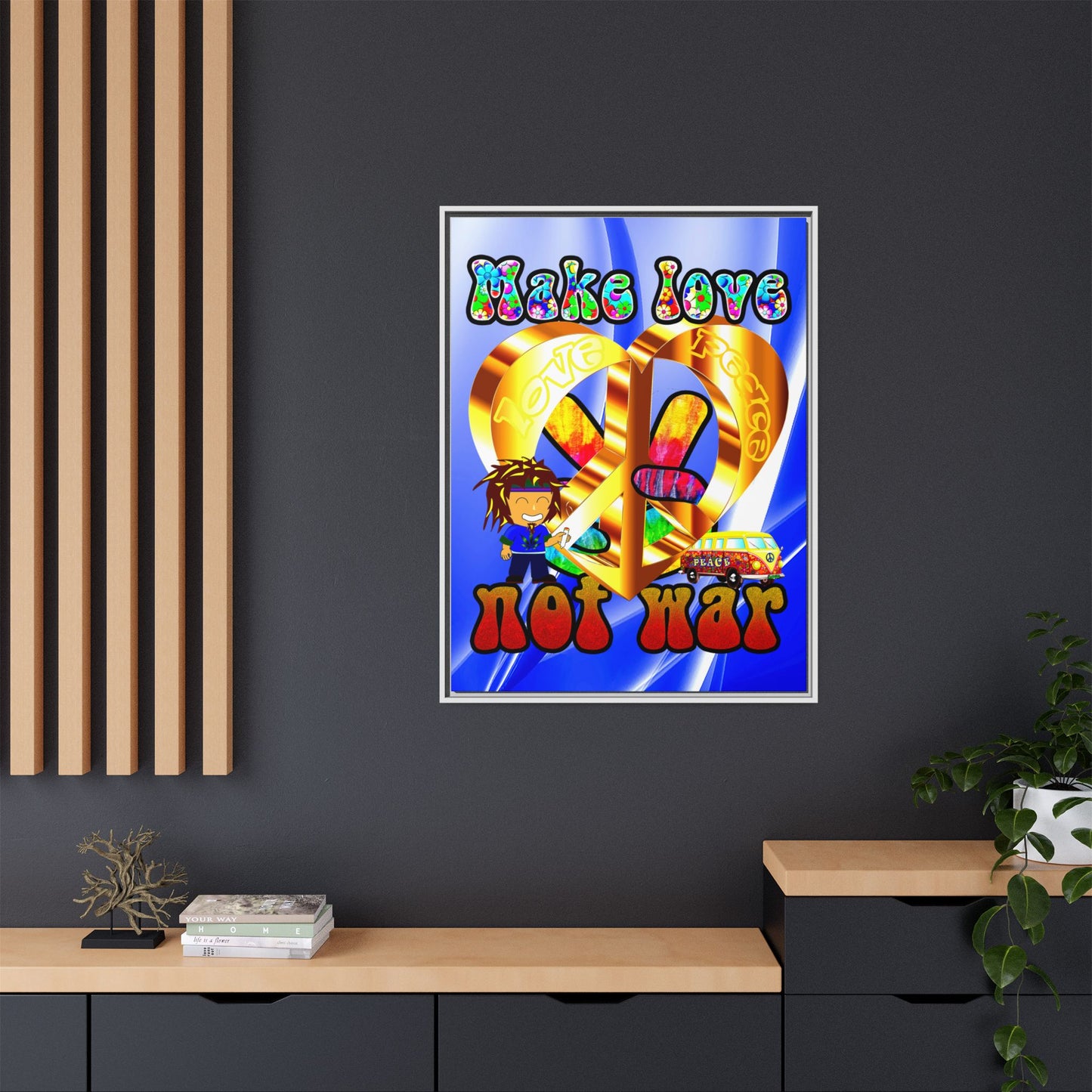 love peace - framed canvas art (blue-white wave)
