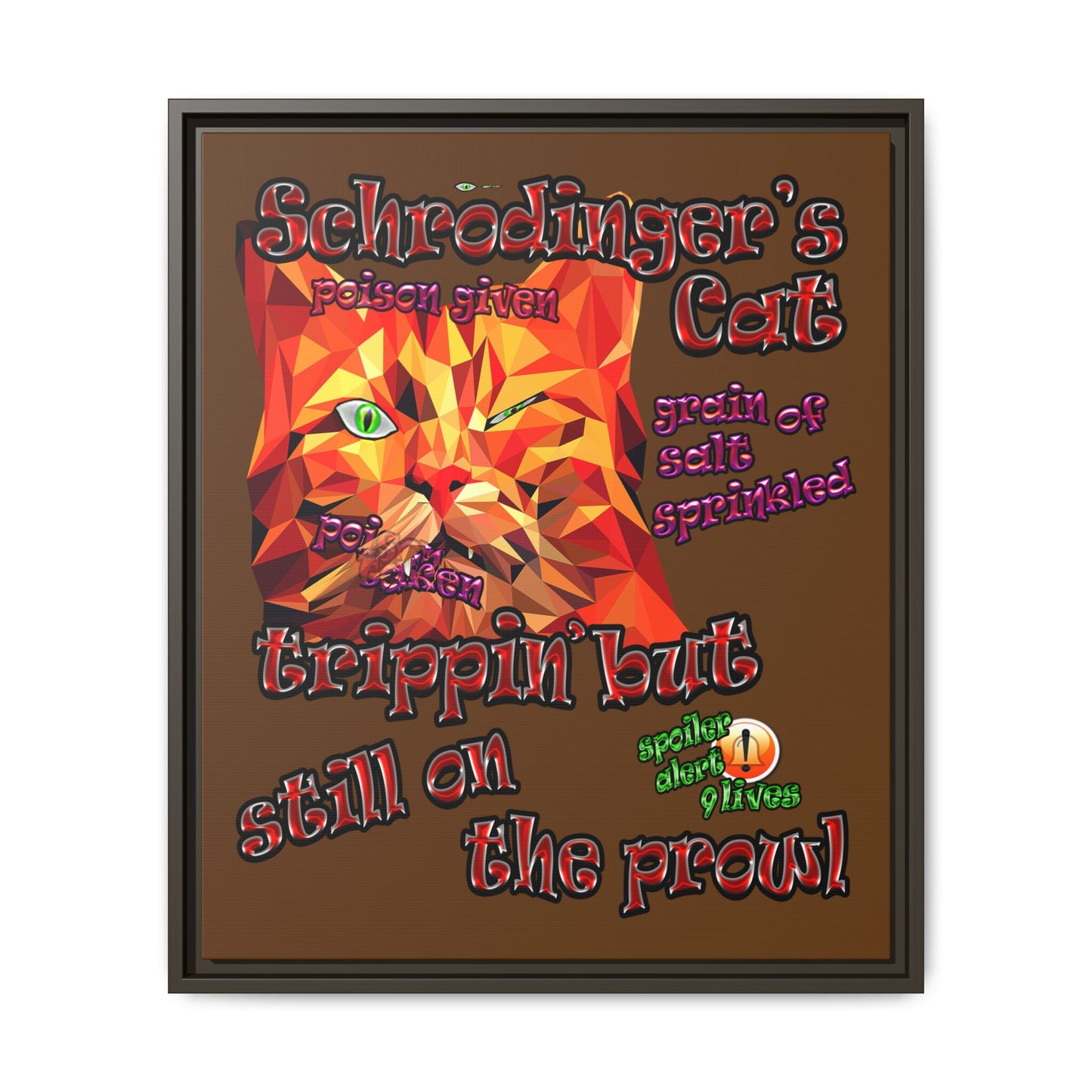 schrodinger's cat - framed canvas art (brown)