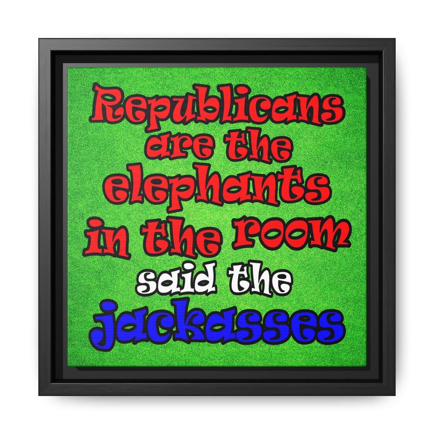 donkeys and elephants - framed canvas art (green turf)