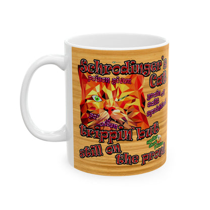 schrodinger's cat - White Mug (butterscotch wood finish)