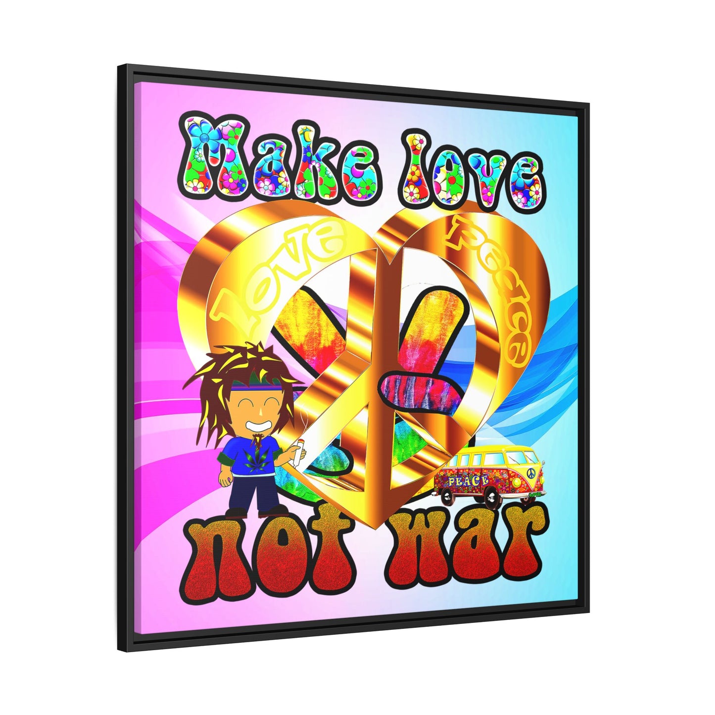 love peace - framed canvas art (light blue-pink wave)