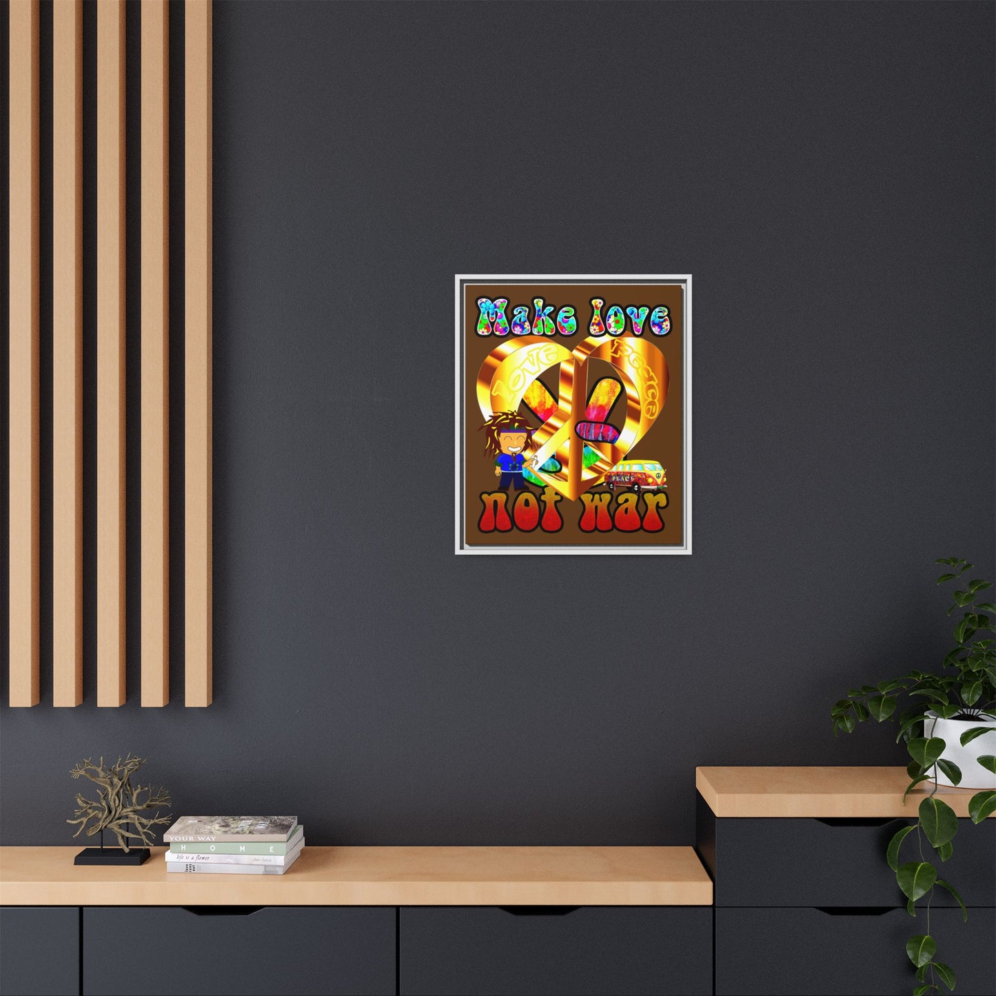 love peace - framed canvas art (brown)