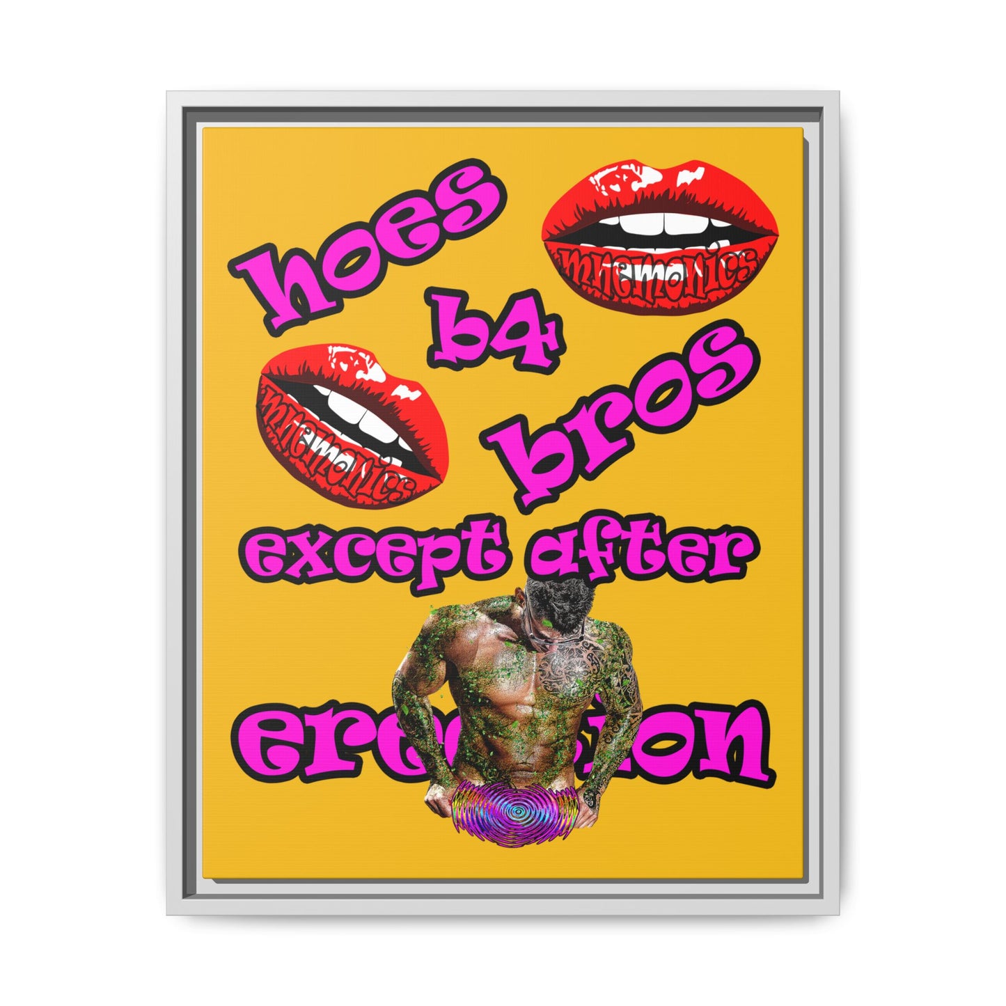 hoes b4 bros - framed canvas art (yellow)