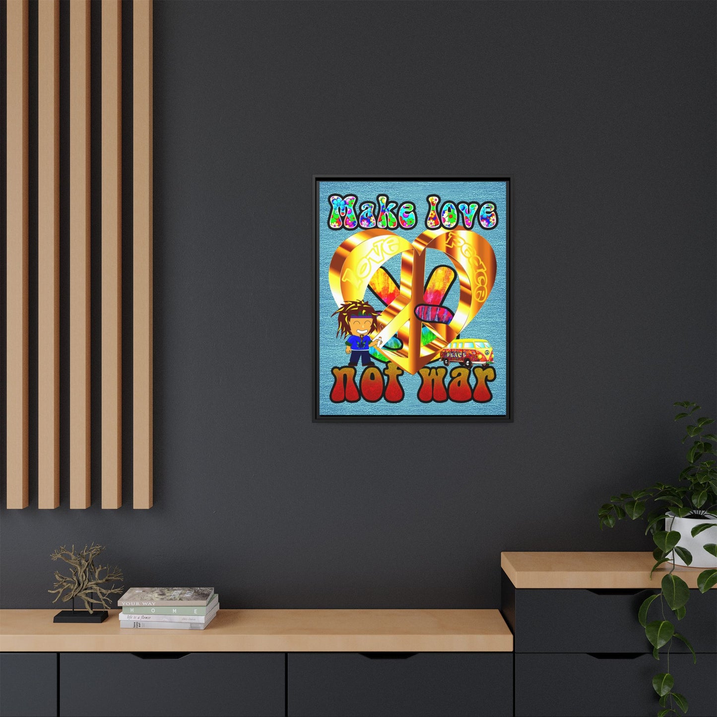 love peace - framed canvas art (faded blue)