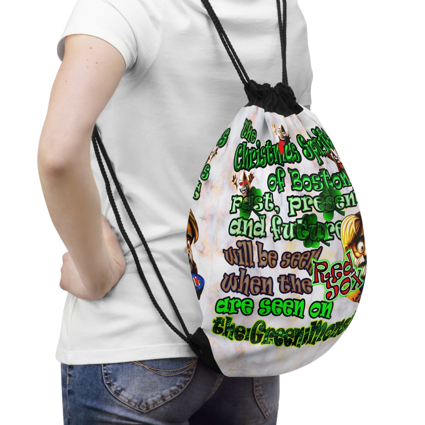 christmas spirits of boston - Drawstring Bag (white marble)