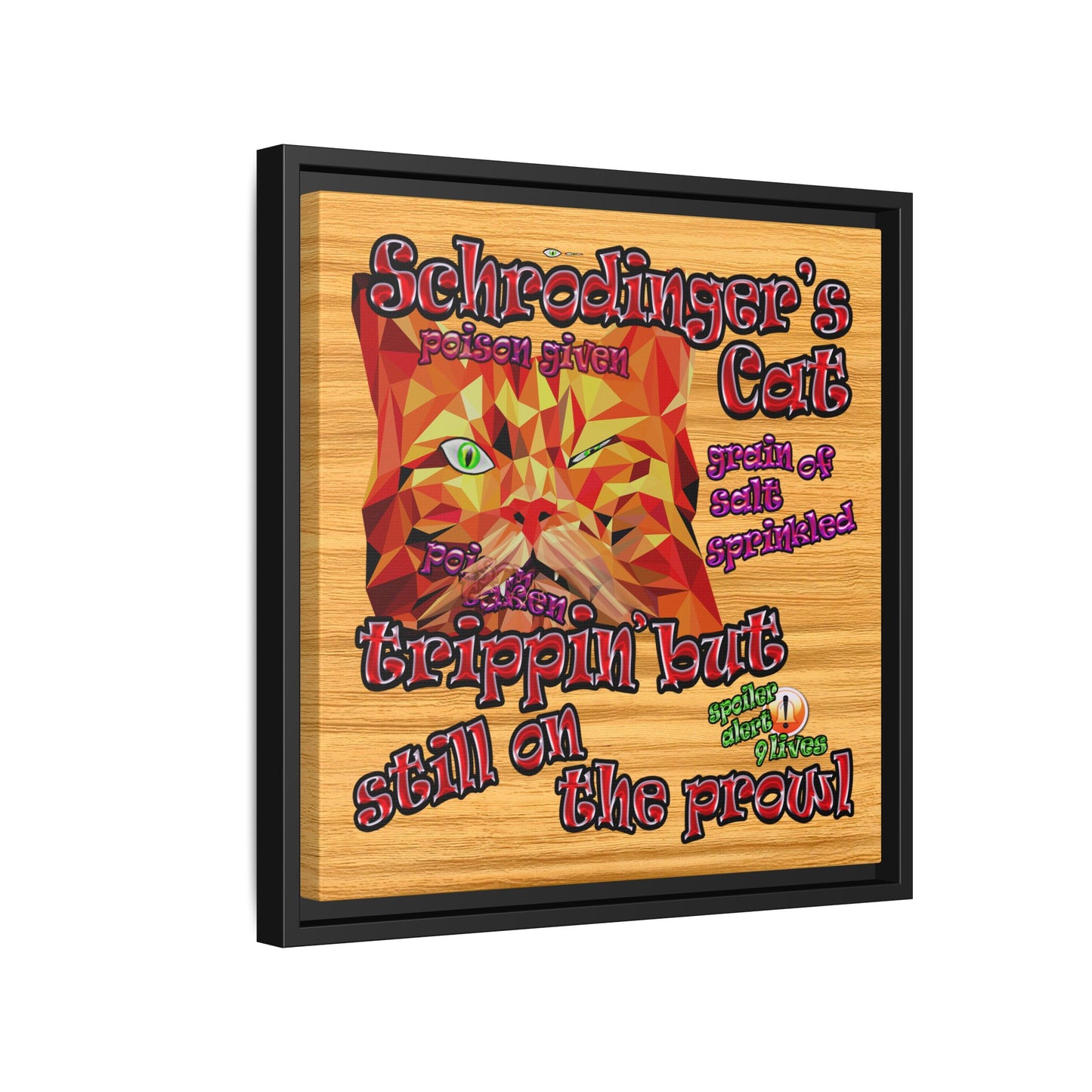 schrodinger's cat - framed canvas art (butterscotch wood finish)