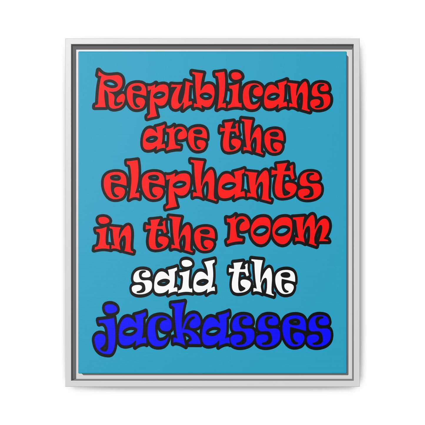 donkeys and elephants - framed canvas art (turquoise)