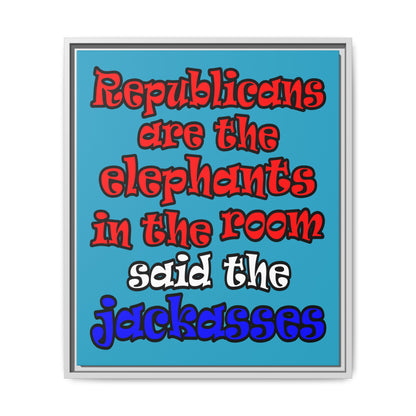 donkeys and elephants - framed canvas art (turquoise)