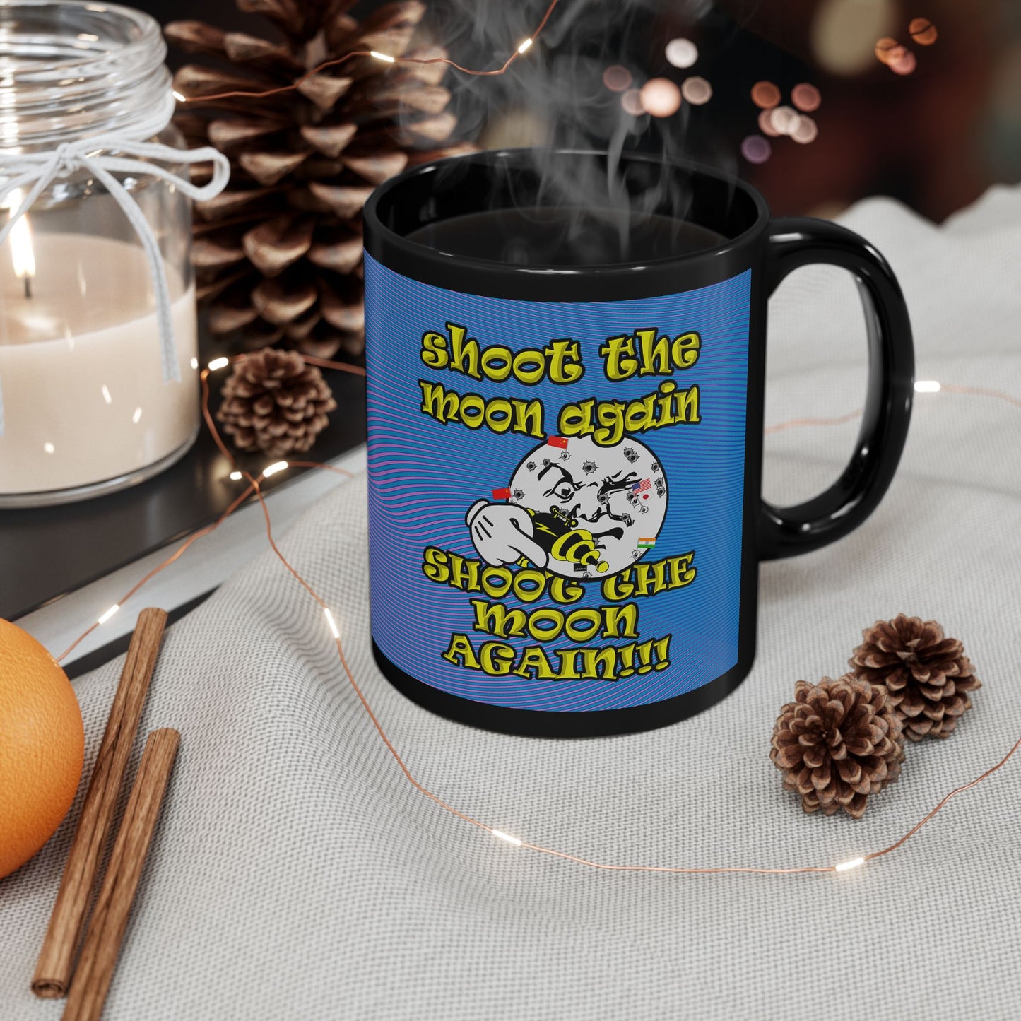 shoot the moon again - Black Mug (light blue-purple wave)
