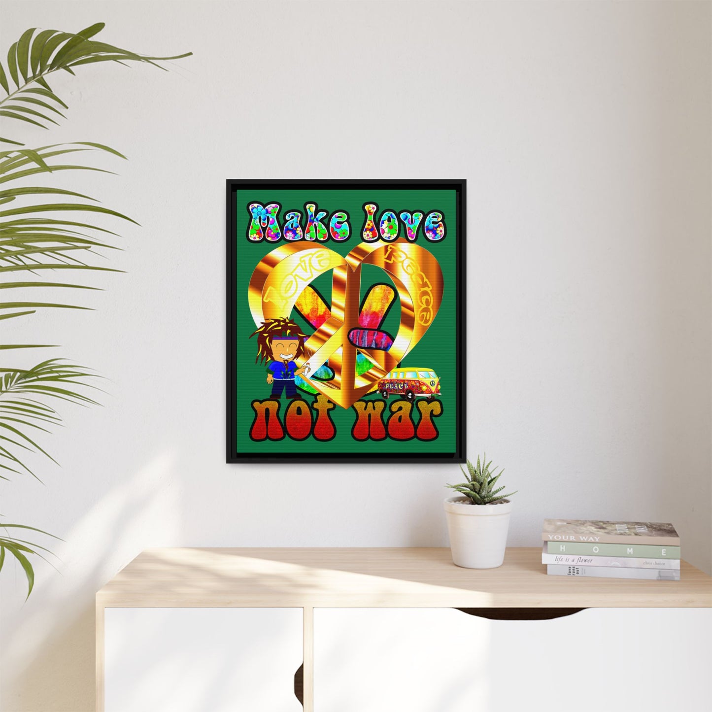 love peace - framed canvas art (dark green)