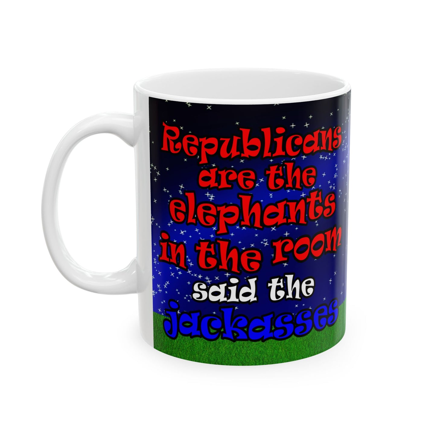 donkeys and elephants - White Mug ('snoops' background)