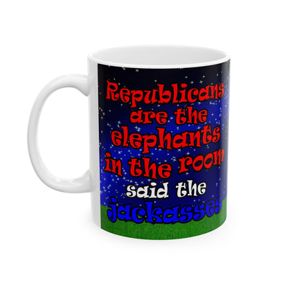 donkeys and elephants - White Mug ('snoops' background)