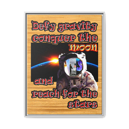 defy conquer reach - framed canvas art (butterscotch wood finish)