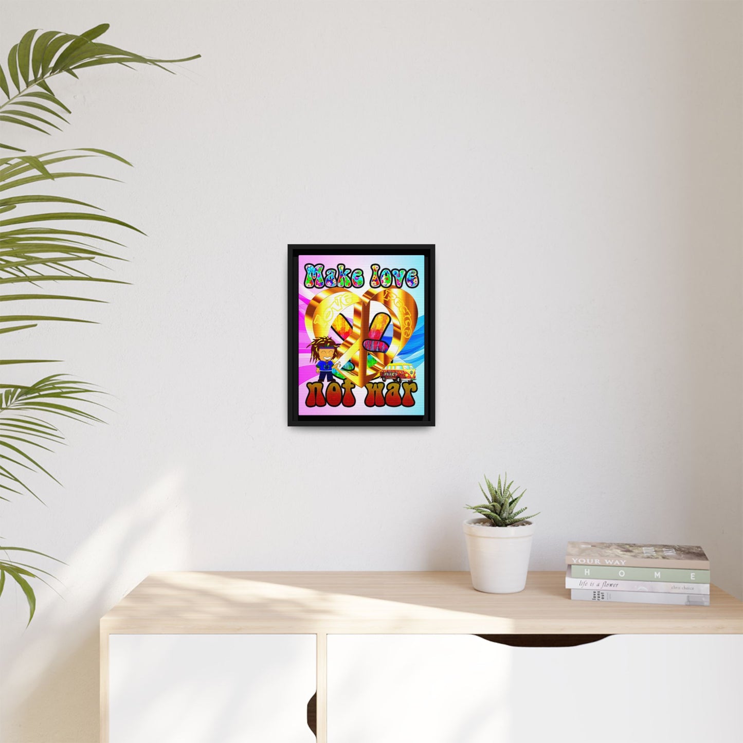 love peace - framed canvas art (light blue-pink wave)
