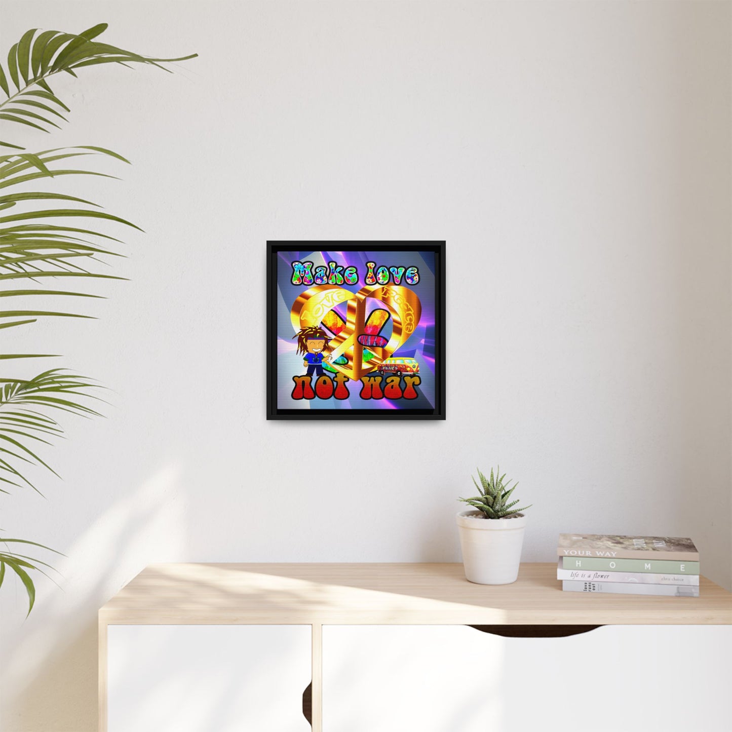 love peace - framed canvas art (grey-pink wave)