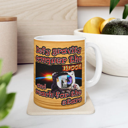 defy conquer reach - White Mug (butterscotch wood finish)