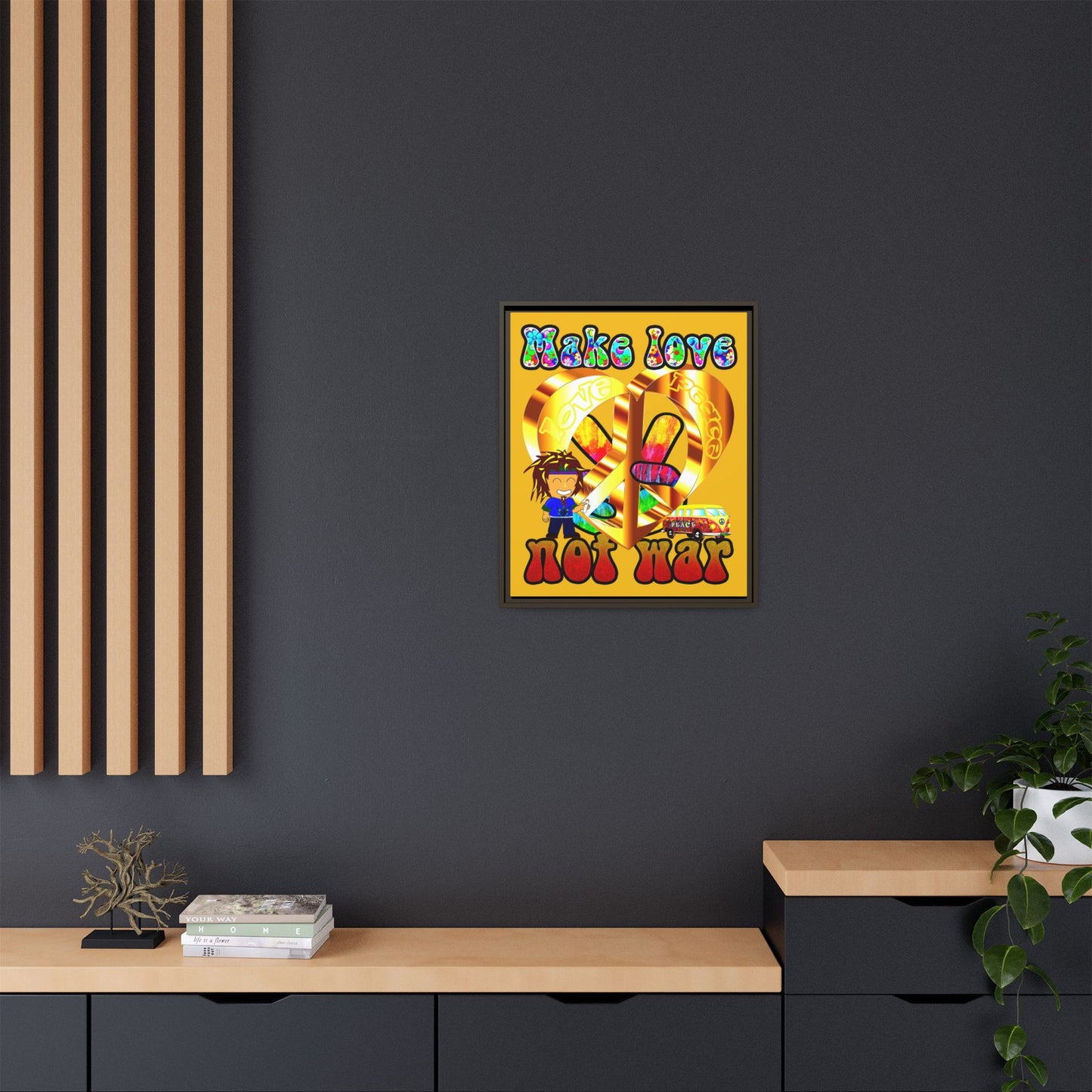 love peace - framed canvas art (yellow)