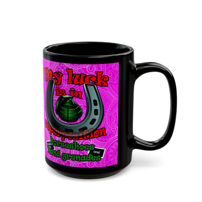 my luck - Black Mug (pink swirl)