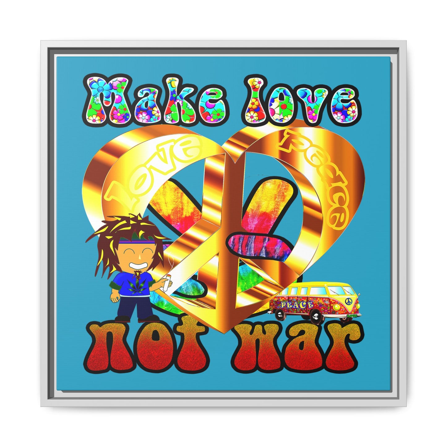 love peace - framed canvas art (turquoise)