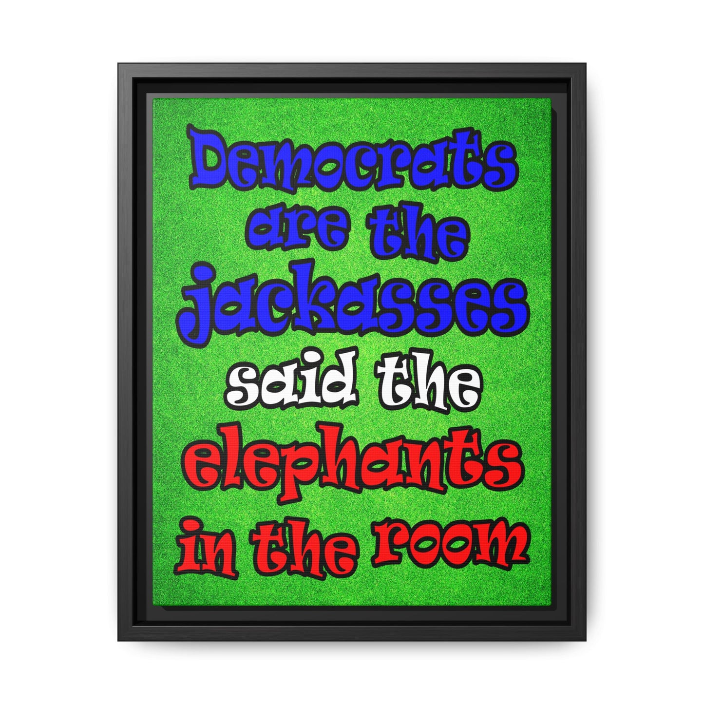 donkeys and elephants - framed canvas art (green turf)