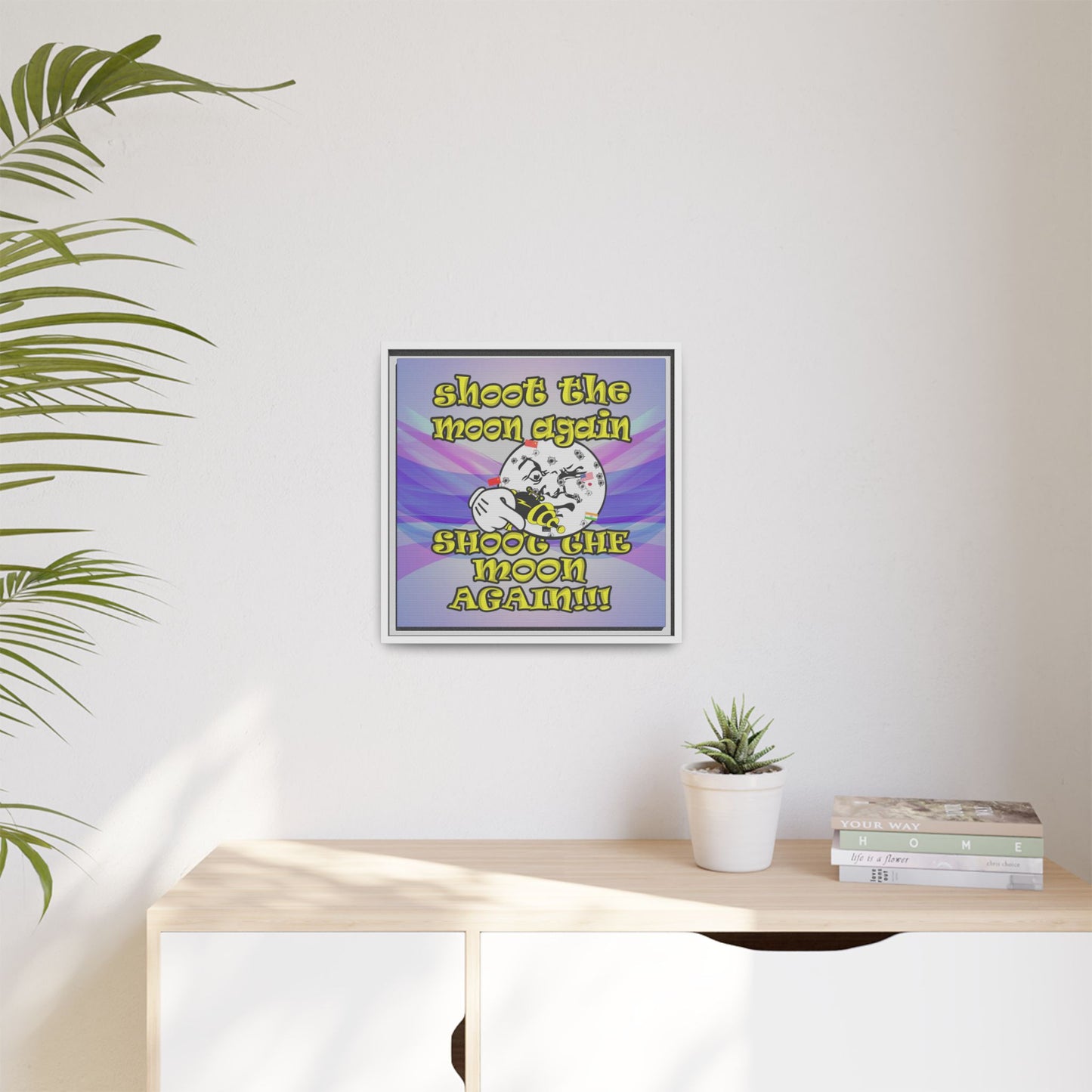 shoot the moon again - framed canvas art (light blue-pink wave)
