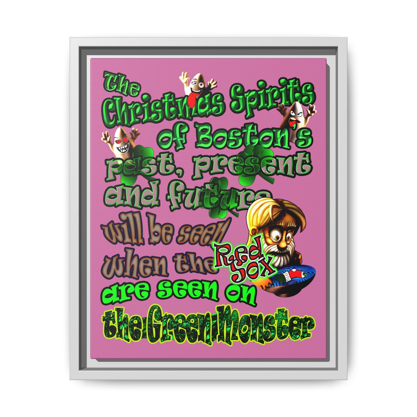 christmas spirits of boston - framed canvas art (light pink)